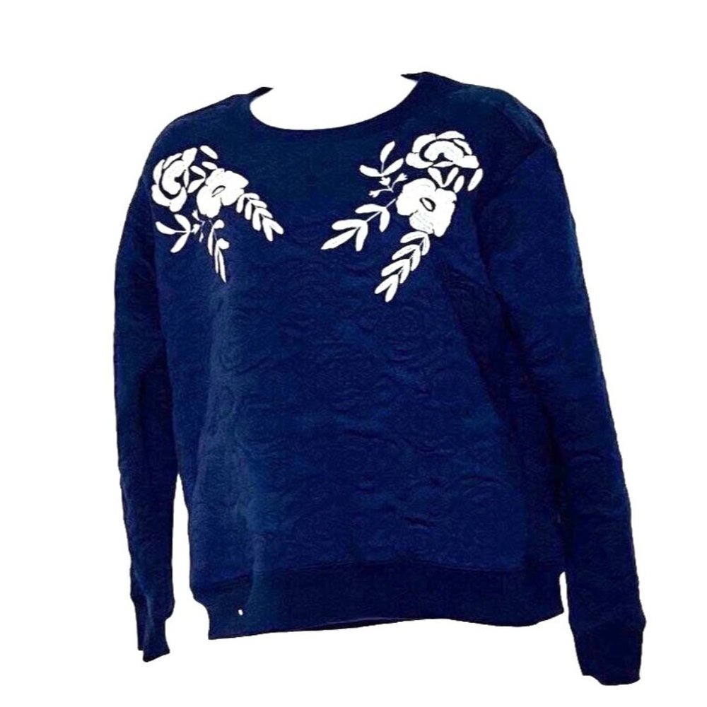 Urban Mood Navy Quilted Pullover Crewneck Top with Embroidered Flowers Sz XXS